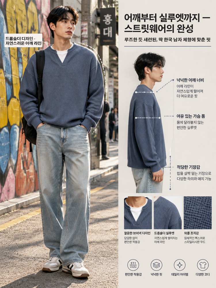 트렌디한 V넥 와플 배색 페이크 레이어드 맨투맨