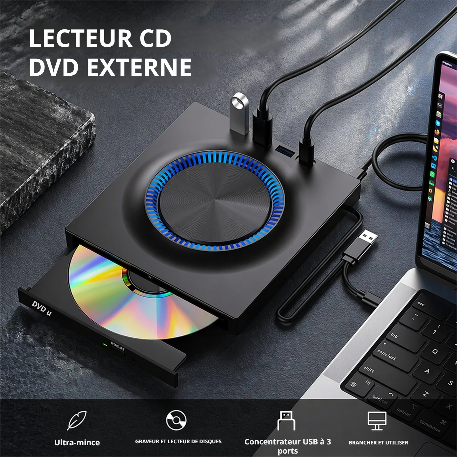 Graveur DVD externe branché à un ordinateur portable