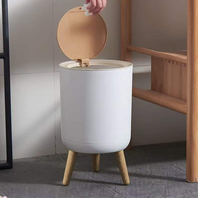 高腳原木風免彎腰垃圾桶