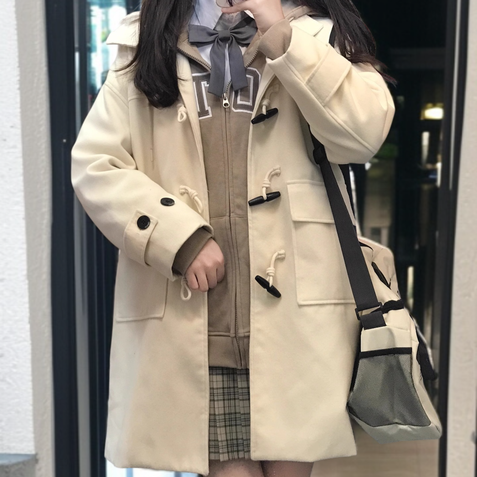 JKホーンボタンコートウールコートレディース秋冬日本オールマッチカレッジスタイルキルティング両面ウール厚手ロング