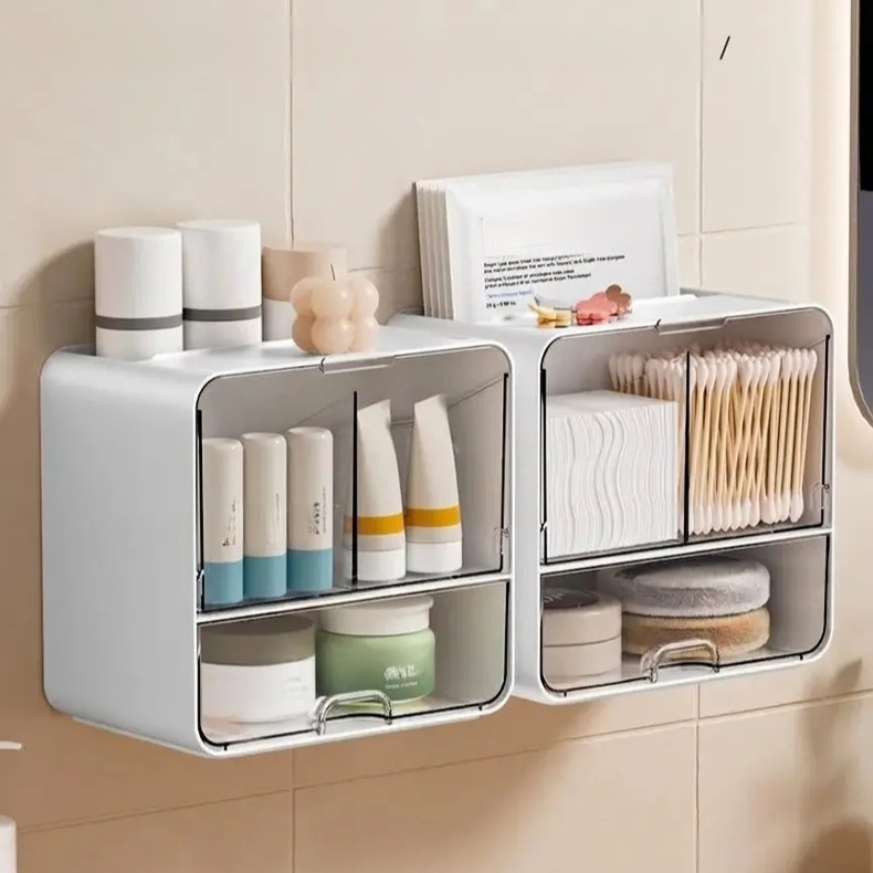 壁掛け式のバスルームミラーキャビネット収納ボックス。フェイスタオル、トイレ用綿棒、化粧品などを収納できます。