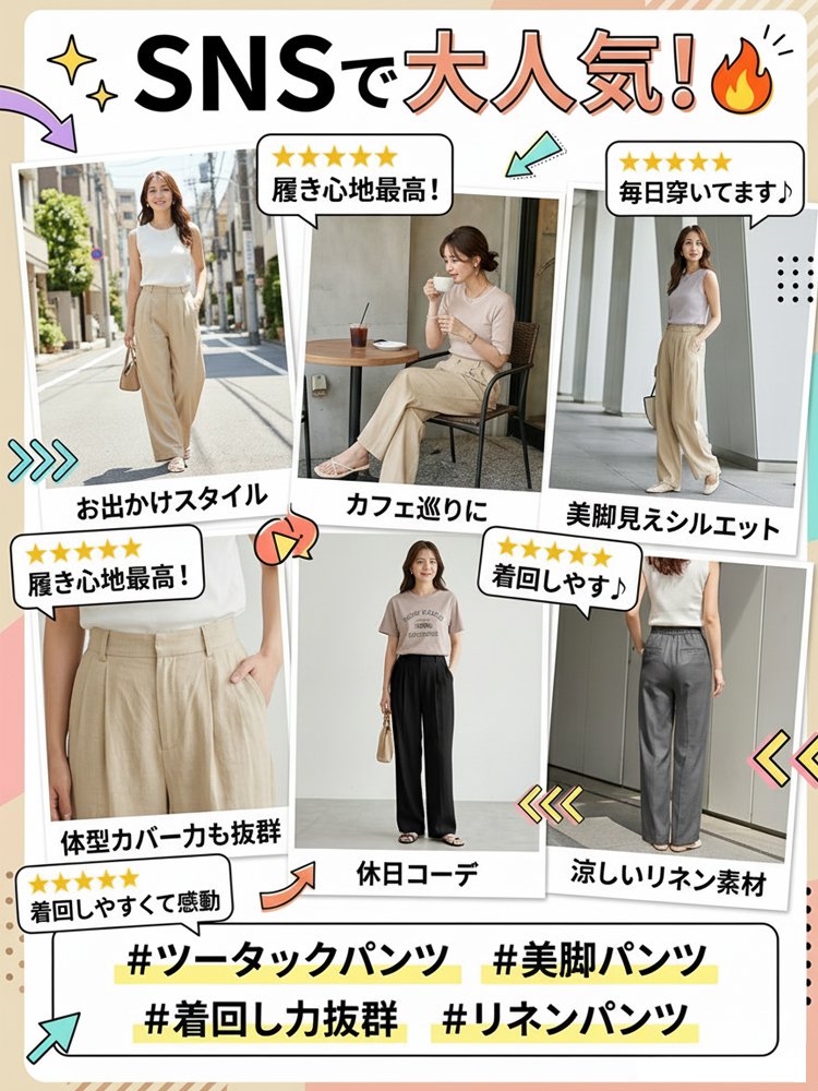 レディースツープリーツワイドスラックス