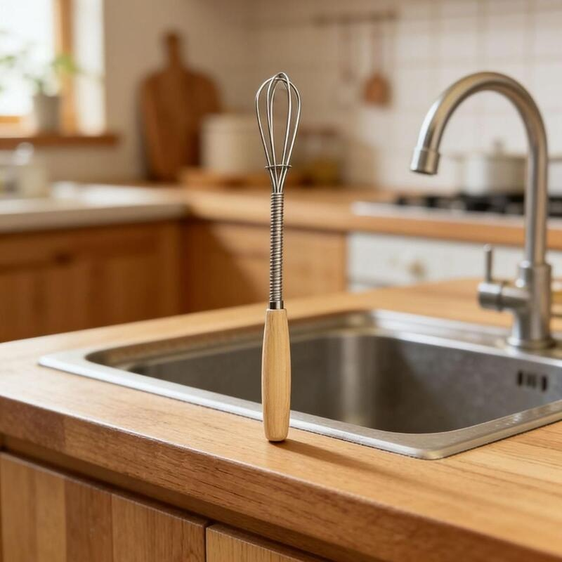 เครื่องตีไข่สแตนเลสพร้อมด้ามไม้แบบมือจับ