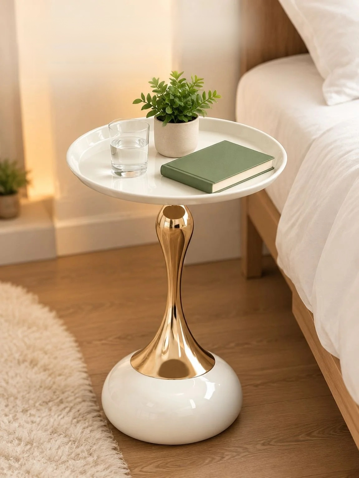 Hourglass-shaped metal end table in a European style interior