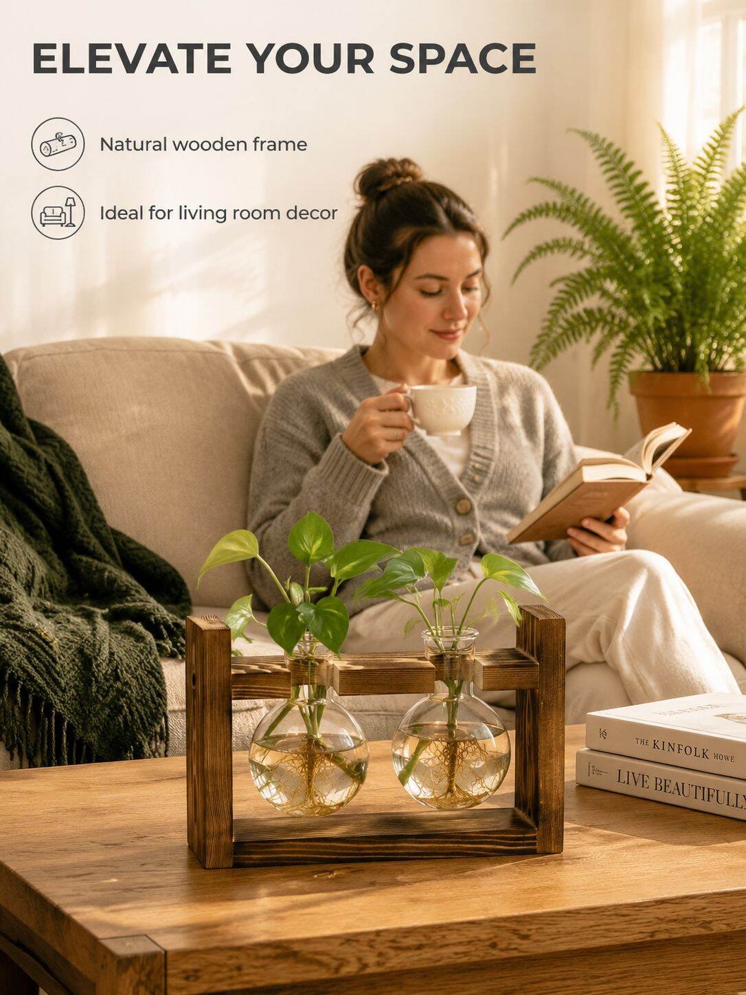 Home Glass Bottle Wooden Frame Hydroponic Plant Vase for Living Room Decor