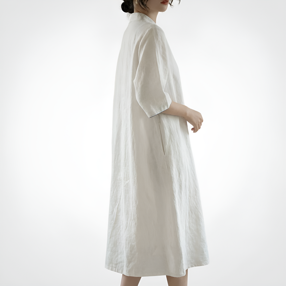 白 ゆったり綿麻チャイナドレス レディース 若者向け 改良型ロングローブ