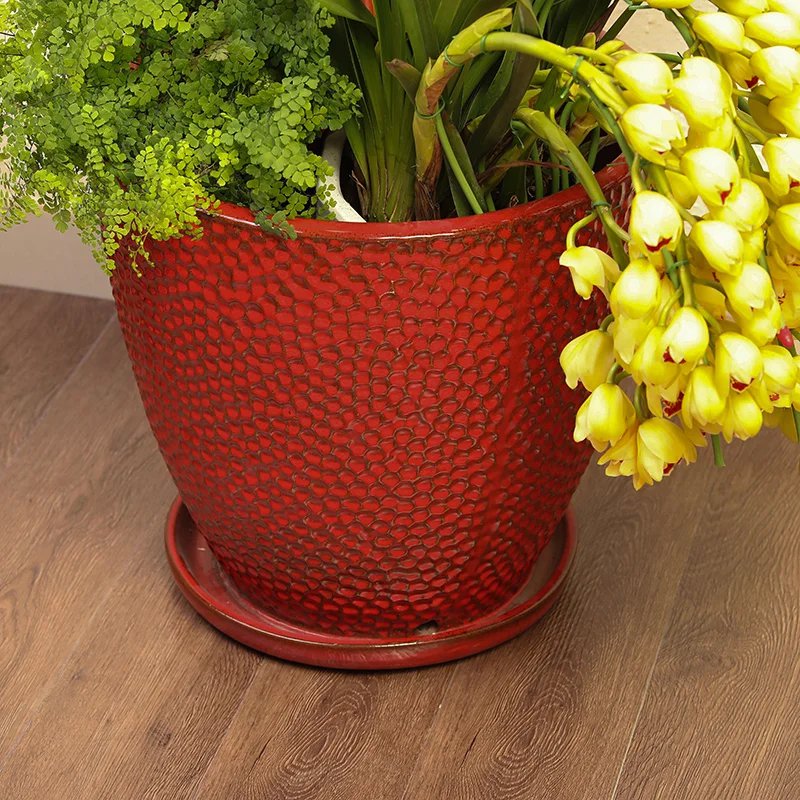 Large ceramic tile planting wooden bowl