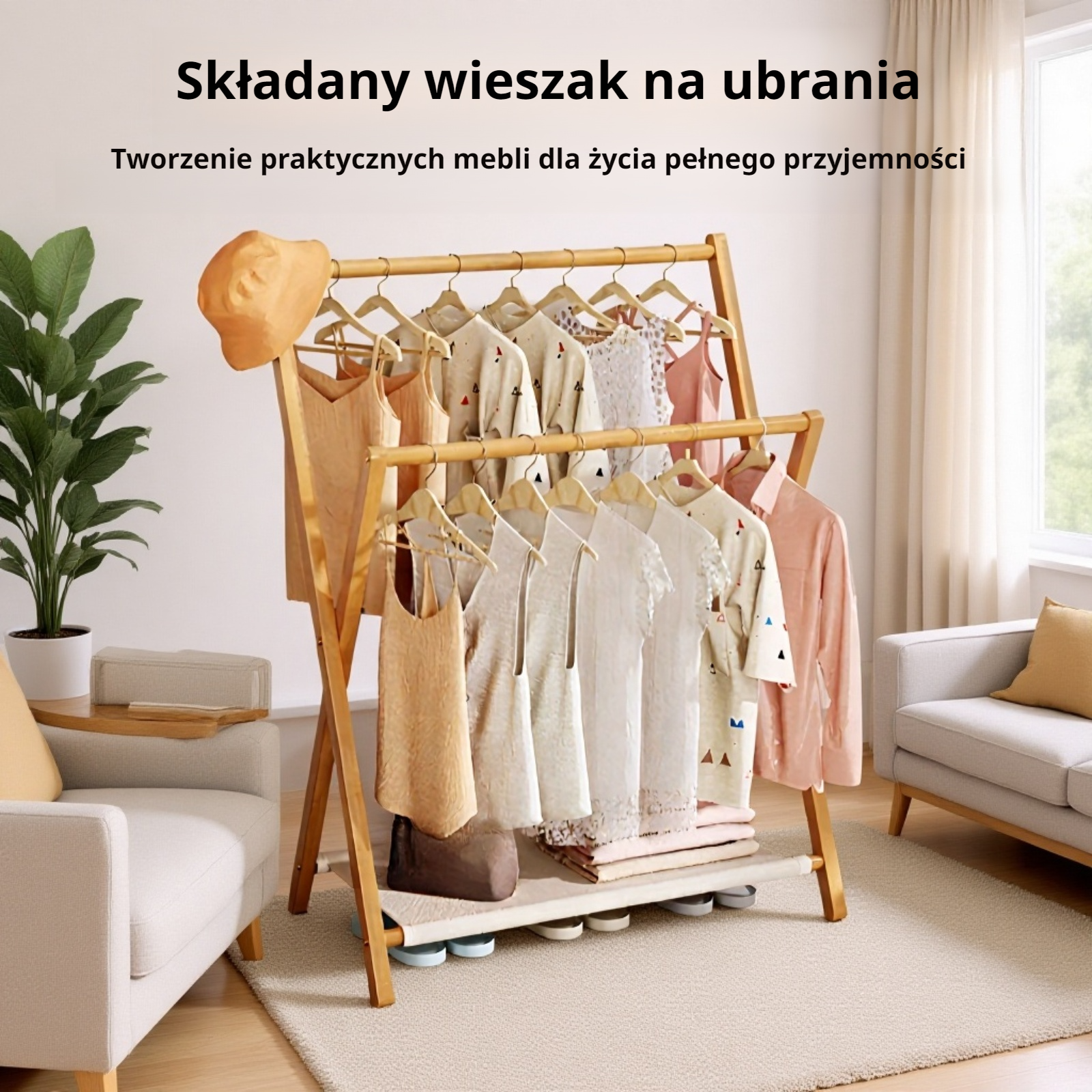 Prosty bambusowy wieszak na ubrania, składany, bezzapachowy, naturalny materiał