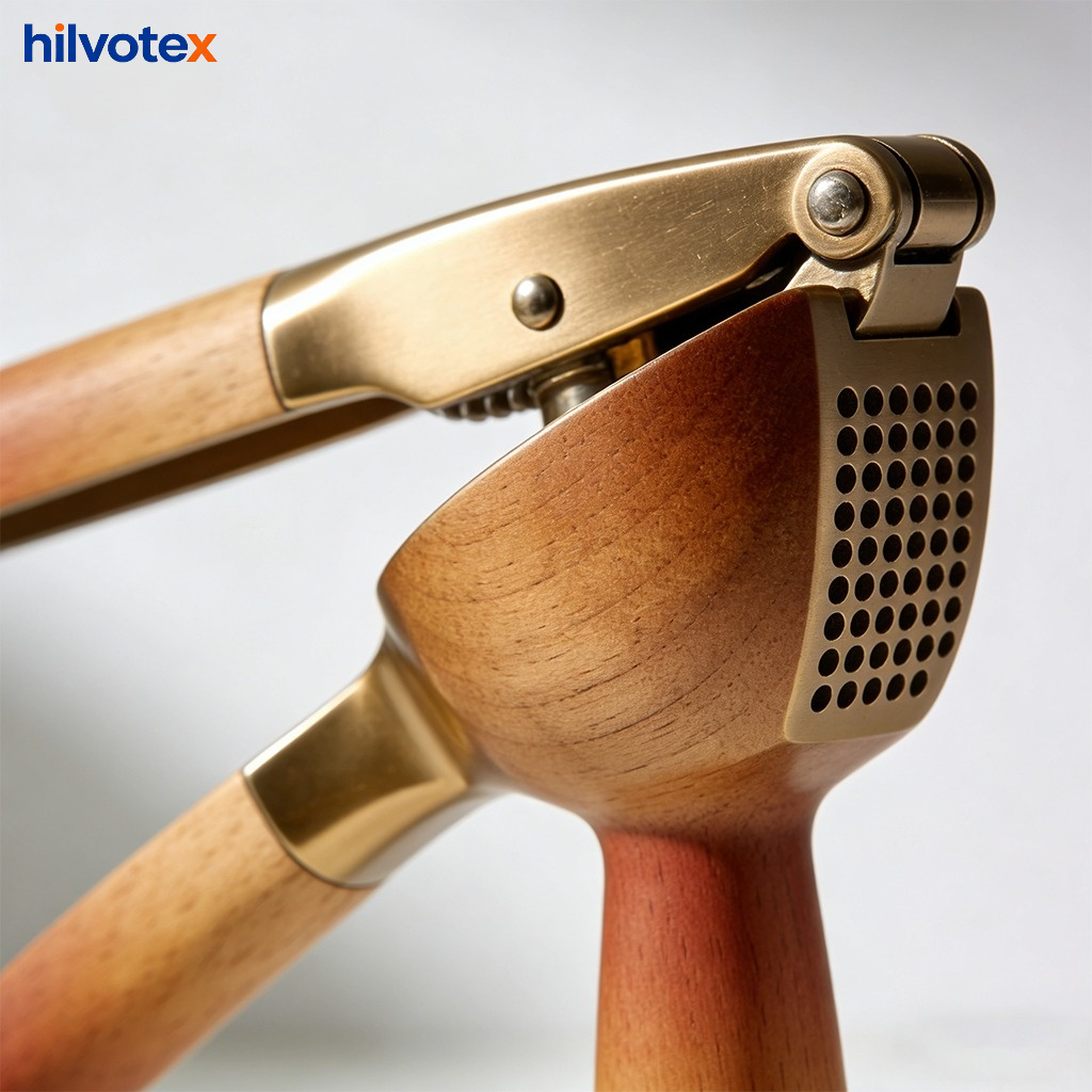 Wooden manual garlic press on kitchen counter
