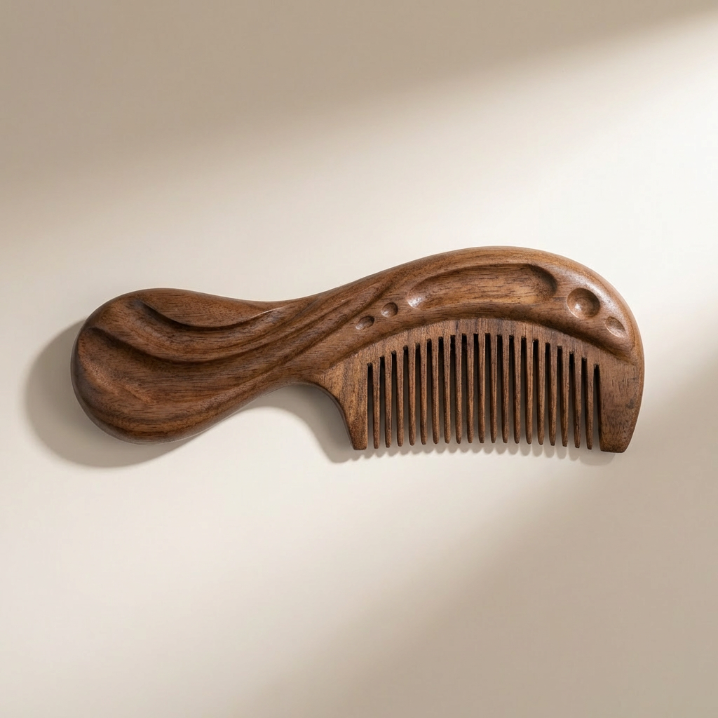 Close-up of natural wooden hair comb teeth