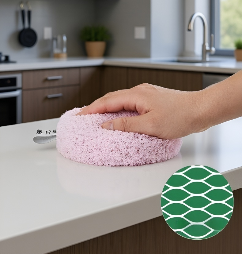 Countertop cleaning brush in kitchen setting