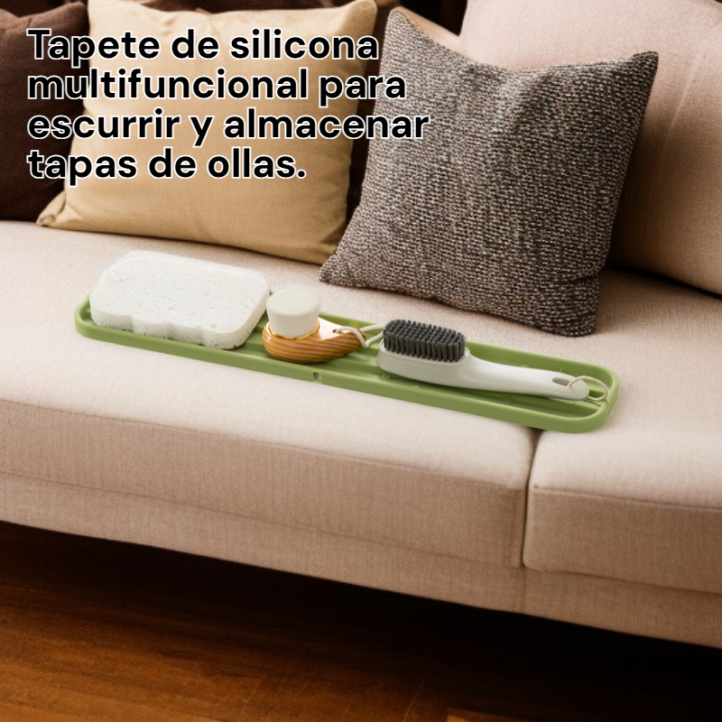 Alfombrilla de drenaje y almacenamiento de silicona multifuncional para tapas de ollas