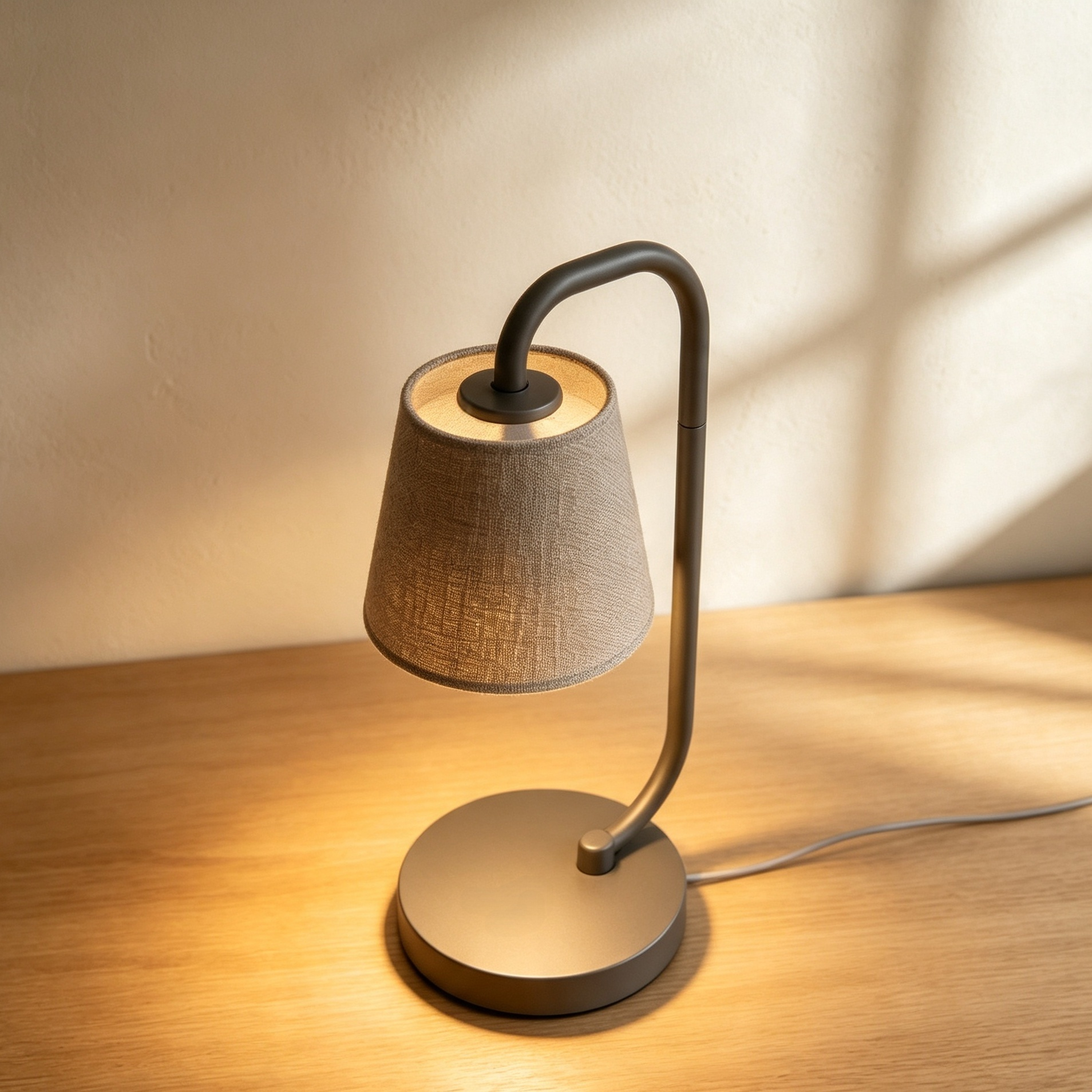 Curved pole desktop lamp illuminating workspace