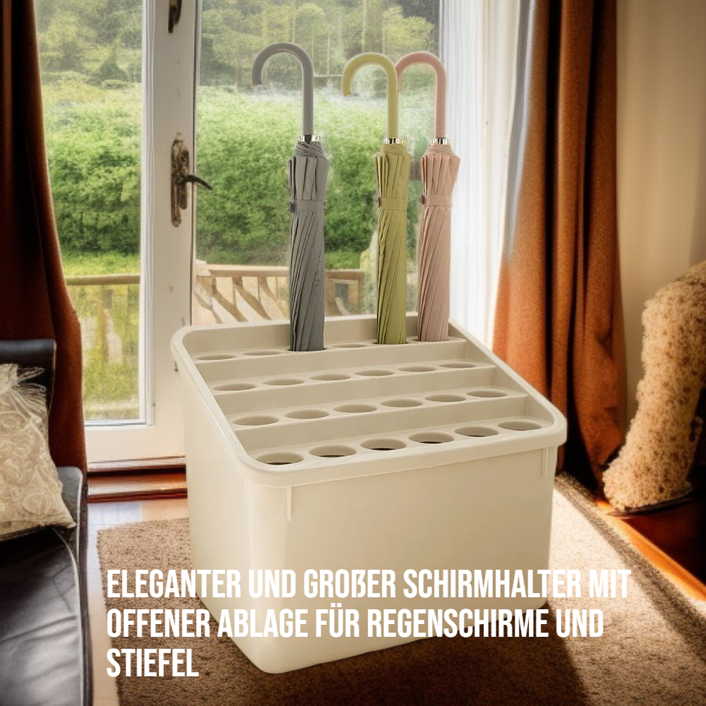 ：Moderner Regenschirmhalter mit Stiefelfach und offener Ablage
