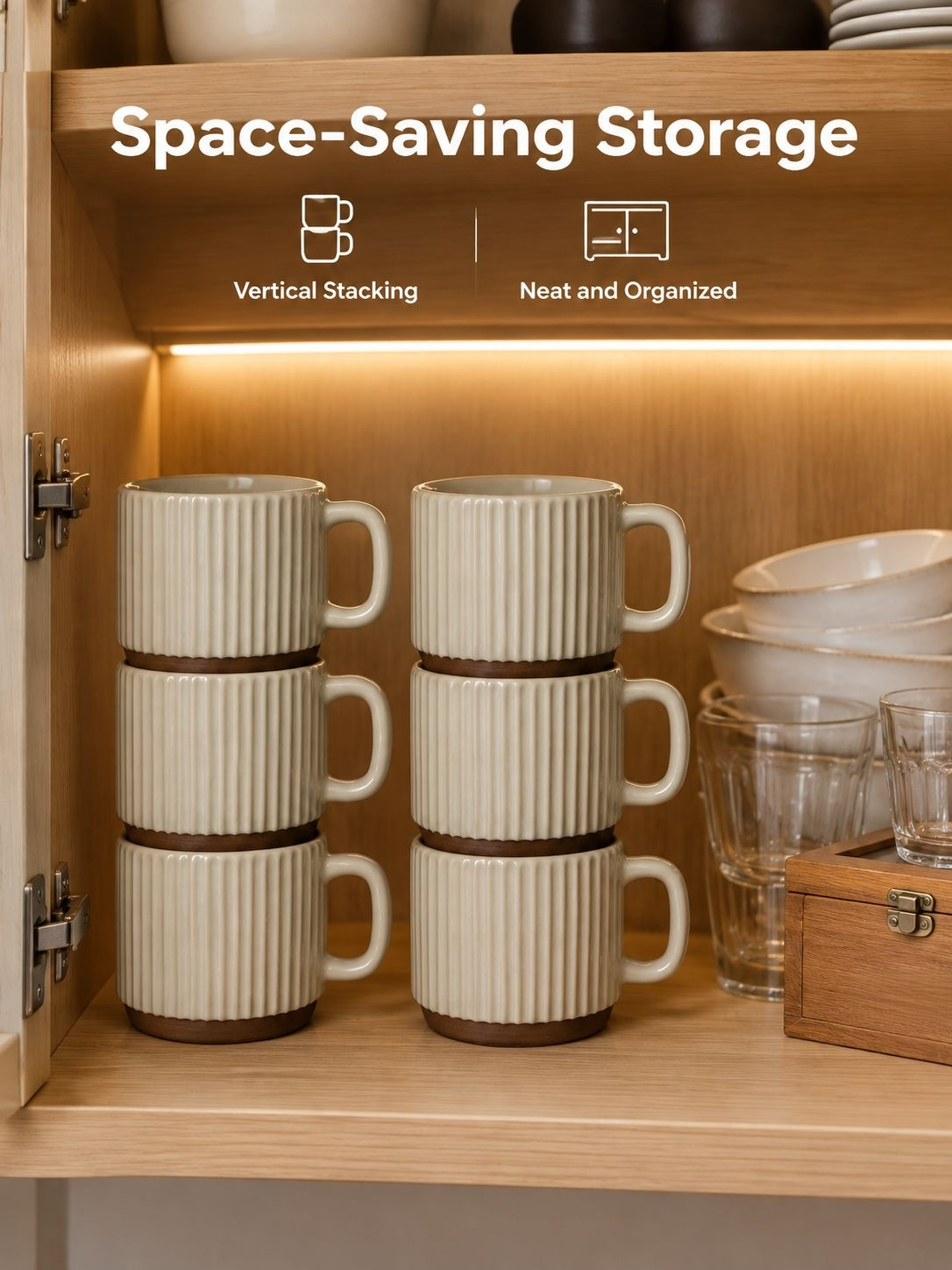 Space-saving striped ceramic coffee cup