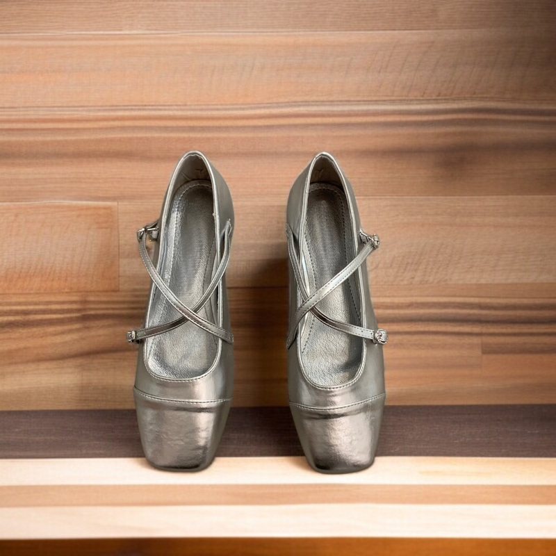 통굽 단화 소프트 크로스 스퀘어 플랫 슈즈 실버 단화 플랫 통굽 단화