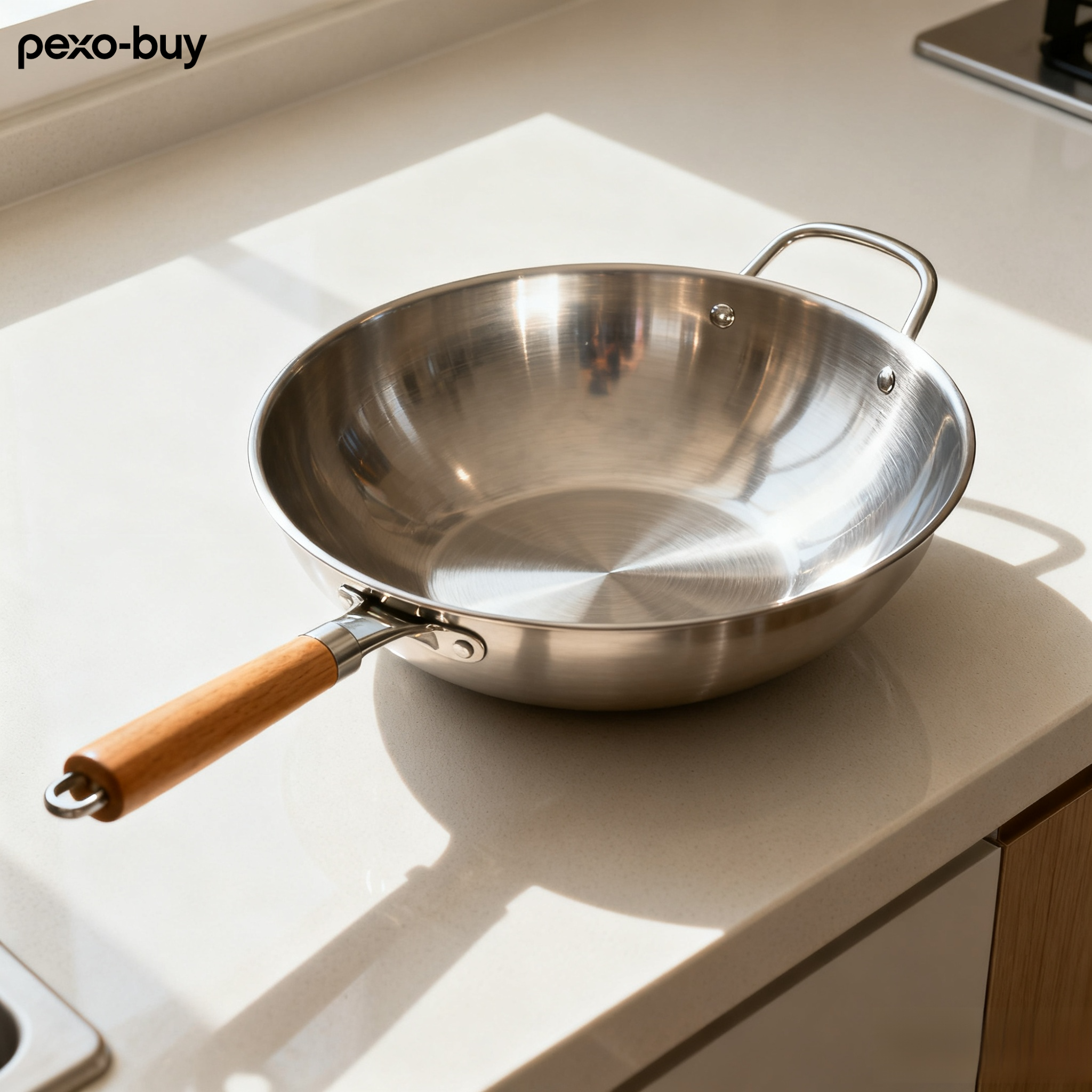 나무 손잡이가 달린 스테인리스 스틸 웍