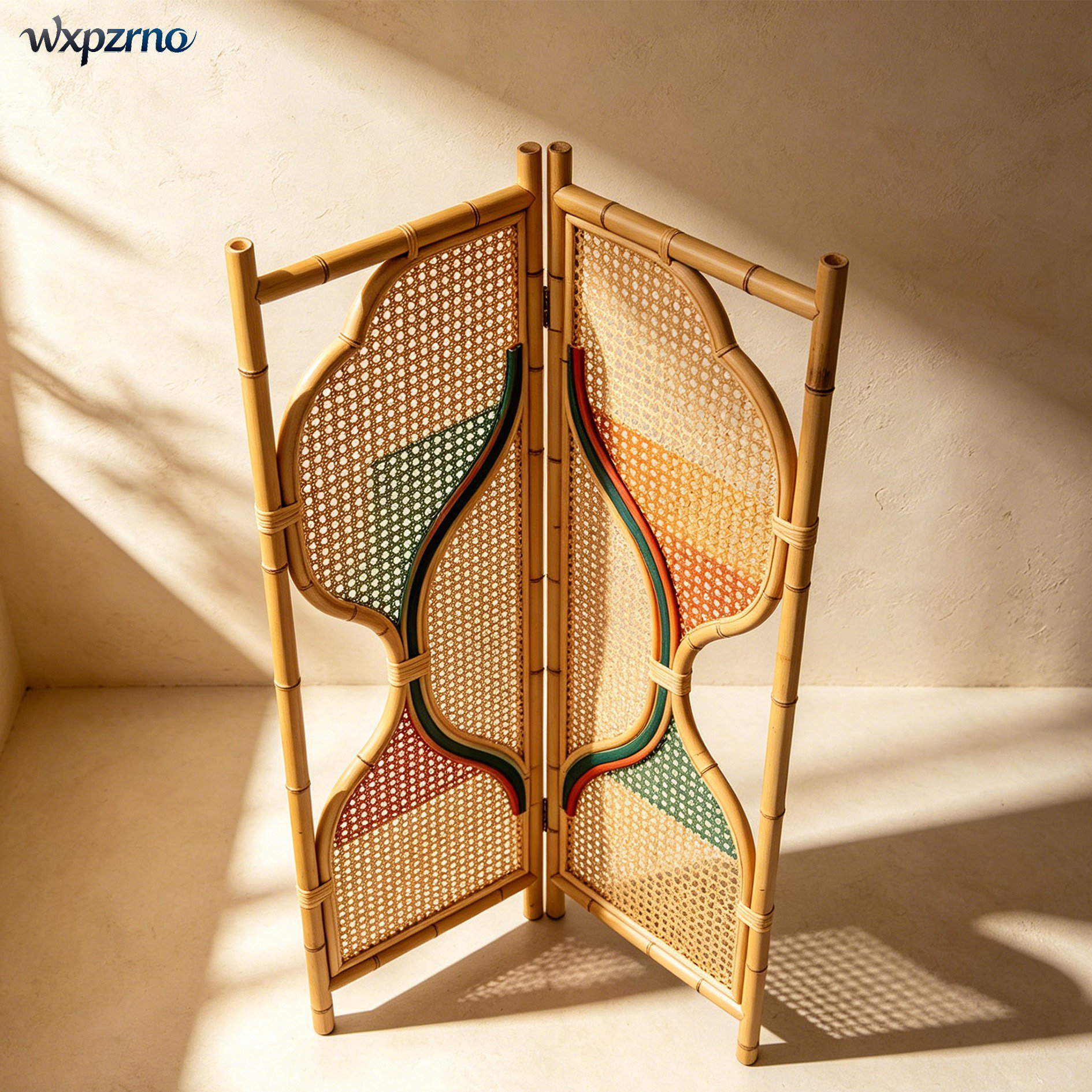 Two-panel rattan screen room divider