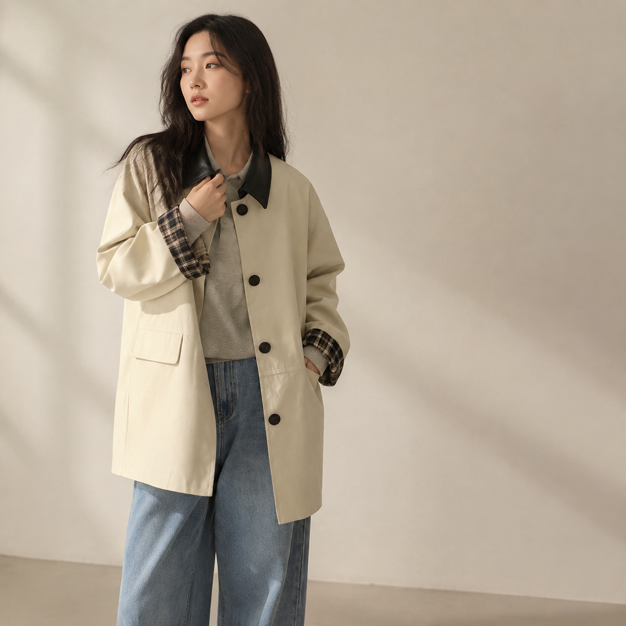 신상 레트로 배색 미니 여성 트렌치코트