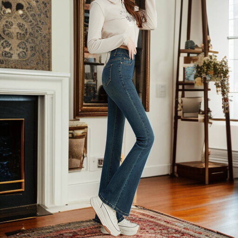 小さめハイウエストワイドジーンズ女性春春スリム細めマイクロフレアワイドパンツ