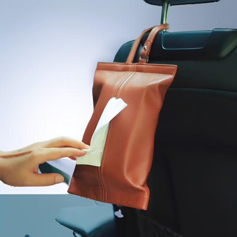 吊り下げ式ティッシュボックス/車用ティッシュディスペンサー。本革製で、耐熱性と耐日光性があり、シンプルなデザインで、省スペース、引き出しやすく、ほとんどのティッシュサイズに適しています。