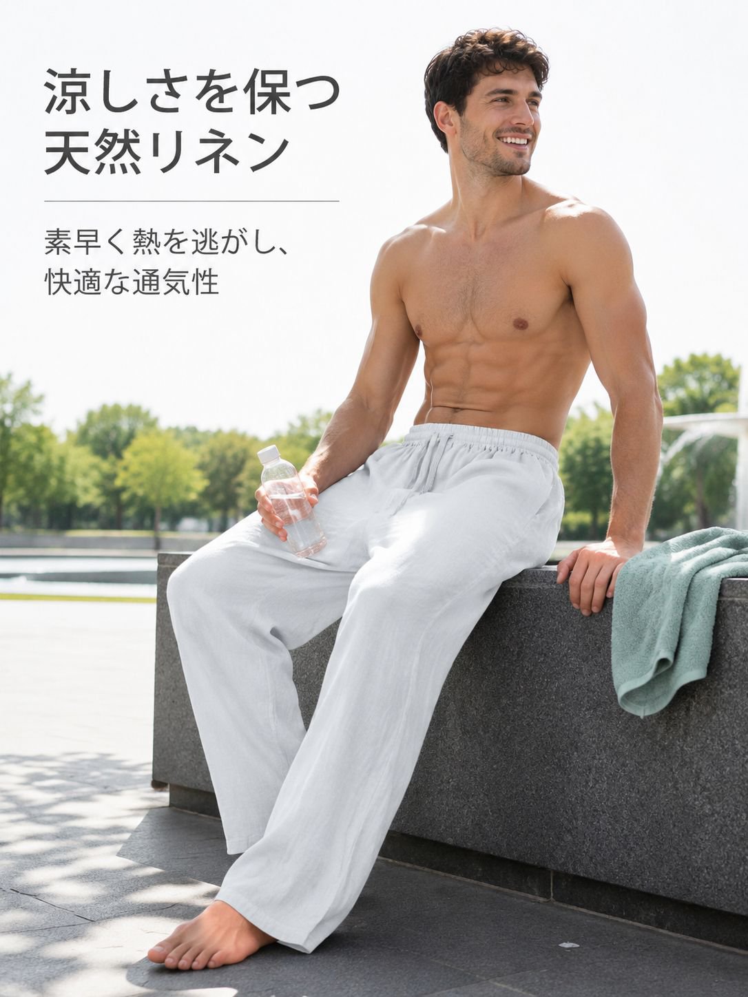 快適な履き心地のリネンスポーツパンツ横からの画像