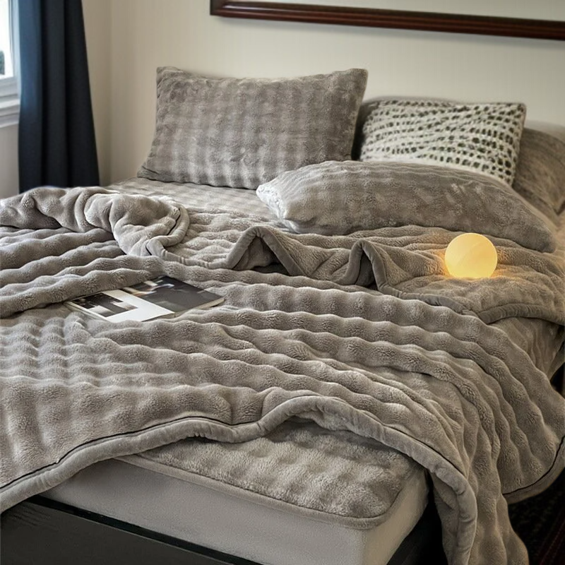 Juego de cama de terciopelo de burbujas con sábana lisa y colchón grueso de felpa