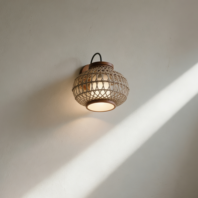 수공예 라탄 소재 벽램프 클로즈업