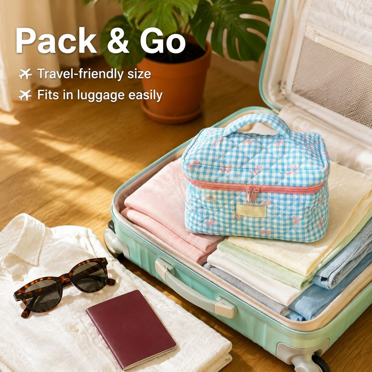 Large Capacity Plaid Makeup Bag for Students Portable Travel Toiletry Organizer