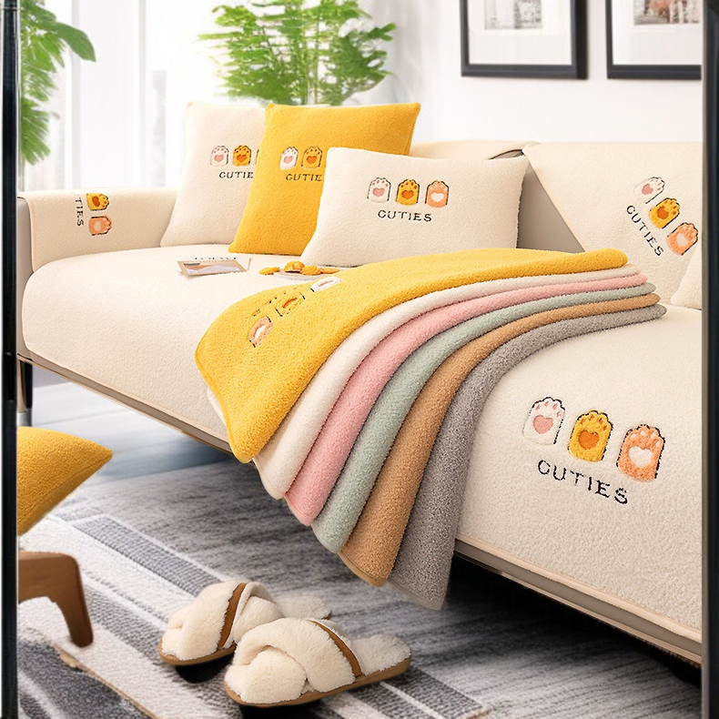 冬のフルカバータオル滑り止めラムズウールソファクッションプラッシュ漫画刺繍フルカバータオルクッション冬の漫画刺繍ブランケット