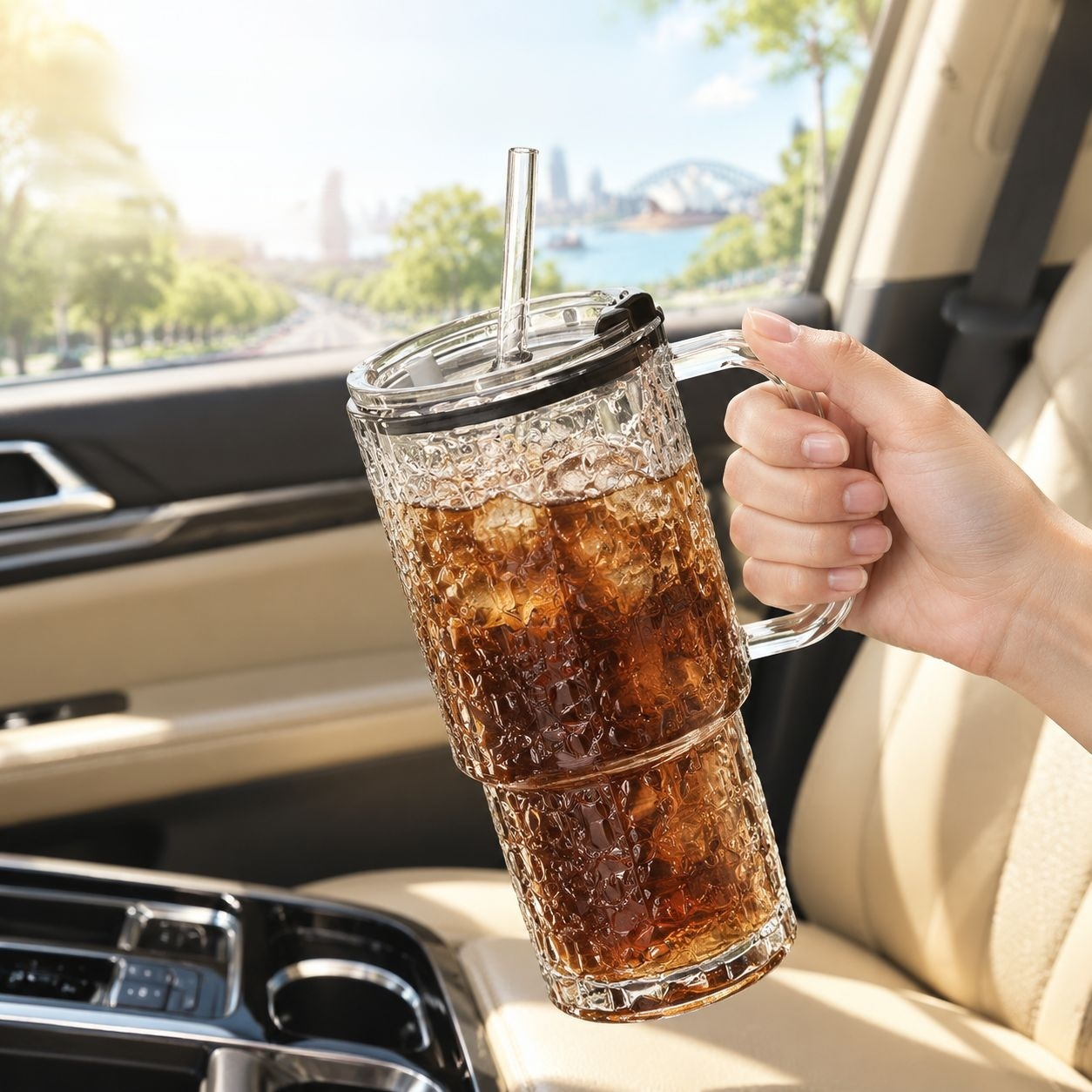 Portable Large Glass Cup with Straw and Handle