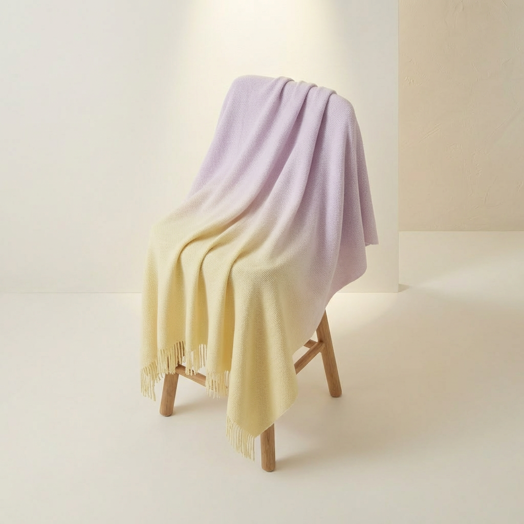 Manta suave de tonos degradados sobre sofá moderno