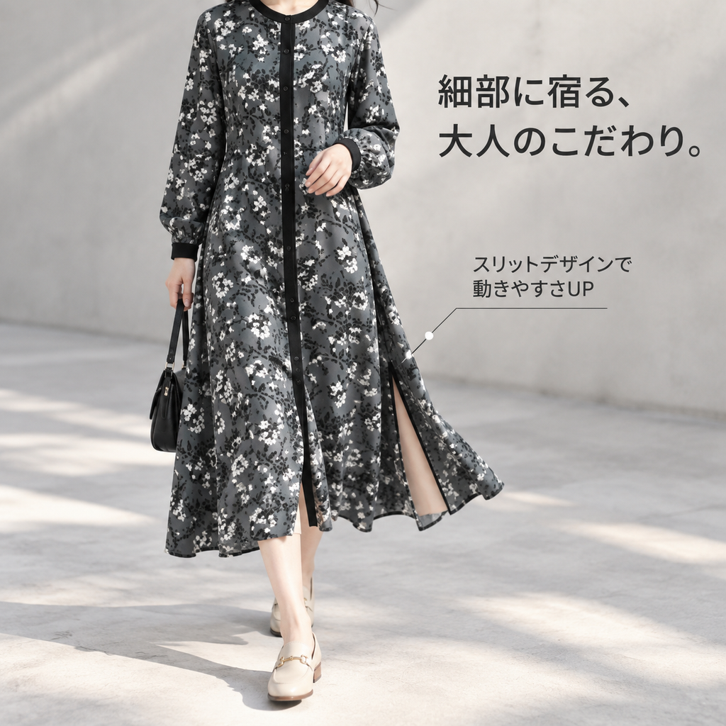 花柄クルーネックロングシャツドレス