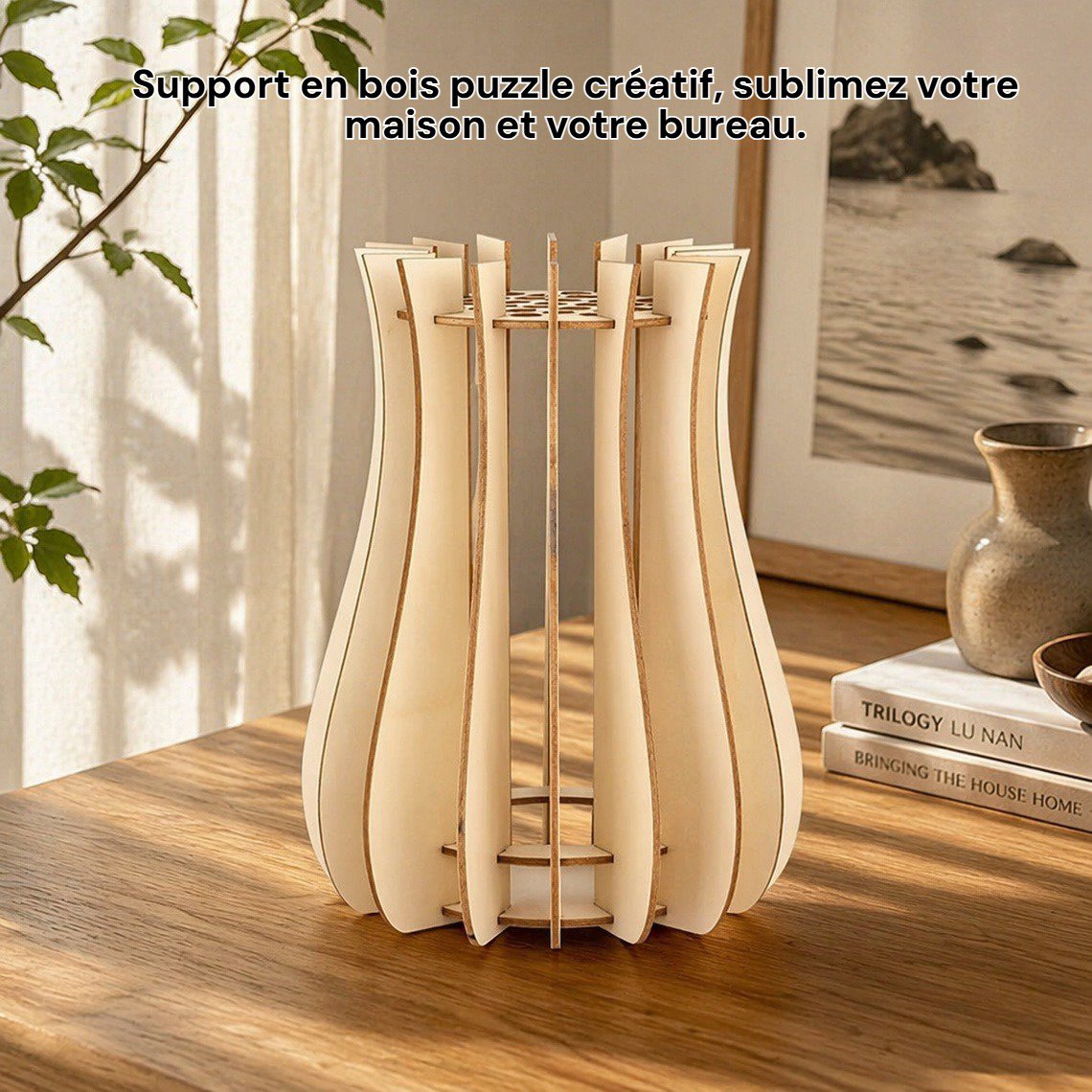 Support de vase en bois puzzle pour présentation de bouquets