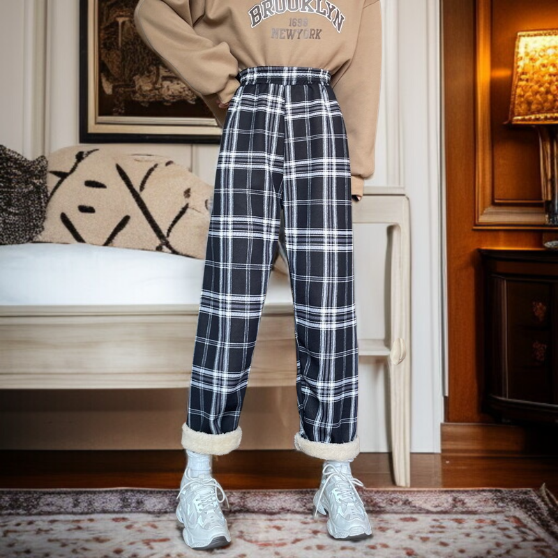 チェック柄パンツ女性秋冬新作ハイウエスト韓国版ゆったり薄手ワイドパンツパッド入りとろみカジュアルドラッグパンツ