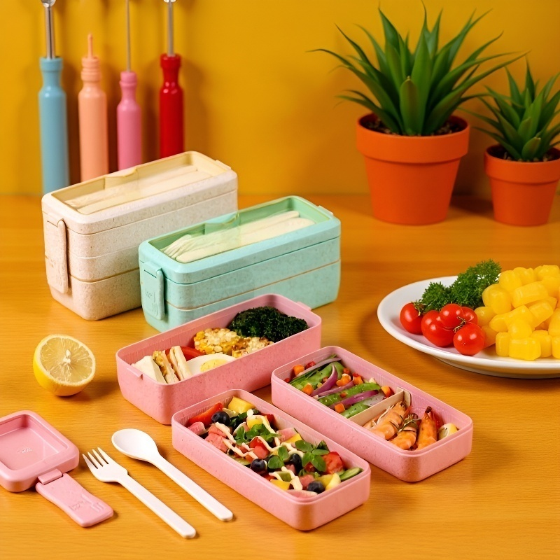 กล่องอาหารกลางวันสานจากฟางข้าวสาลีสไตล์ญี่ปุ่น 3 ชั้น