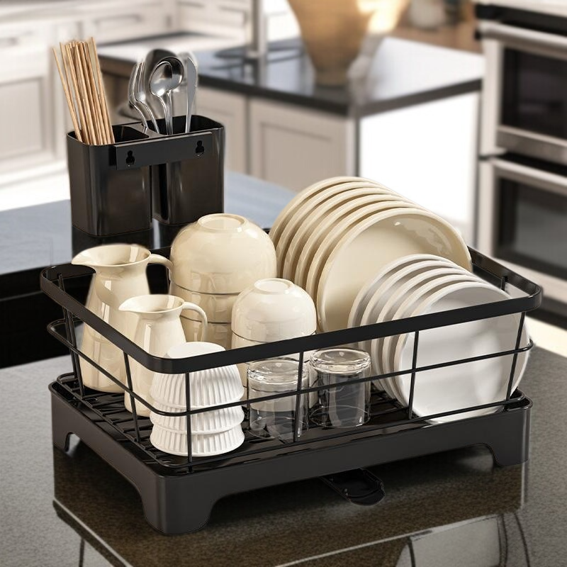 물빠짐 그릇 선반 가정용 탄소강 그릇 수납 선반 주방 선반 수저통 2단 그릇 선반 물빠짐 선반