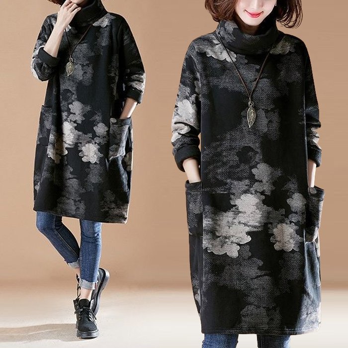 おしゃれ度アップ 着瘦せ 大きいサイズ 裏起毛 総柄 ポケット付き プリント ハイネック ワンピース