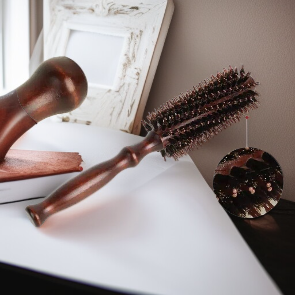 Haarrundbürste mit Wildschweinborsten, Stylingbürste zum Föhnen, Innenwellen und Volumen