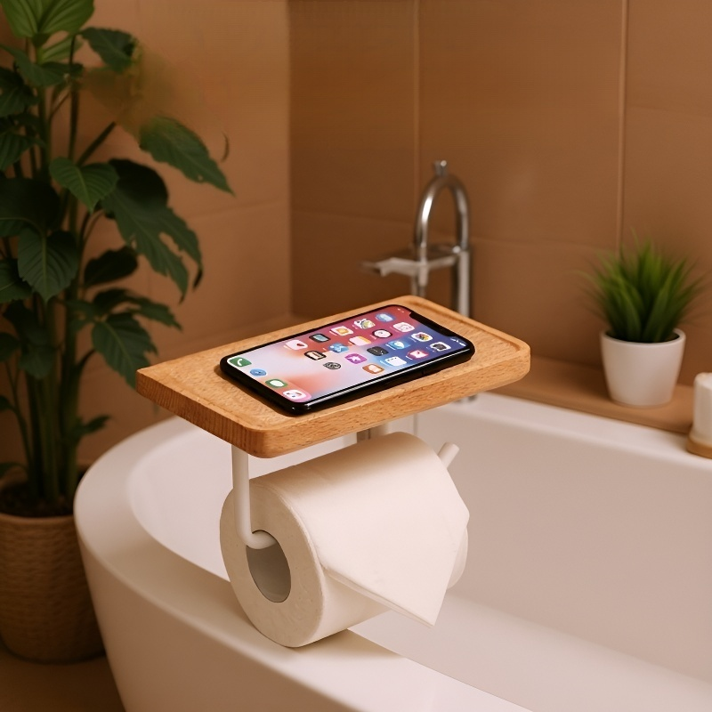 Soporte para papel higiénico de nogal con estante para móvil y almacenamiento para baño