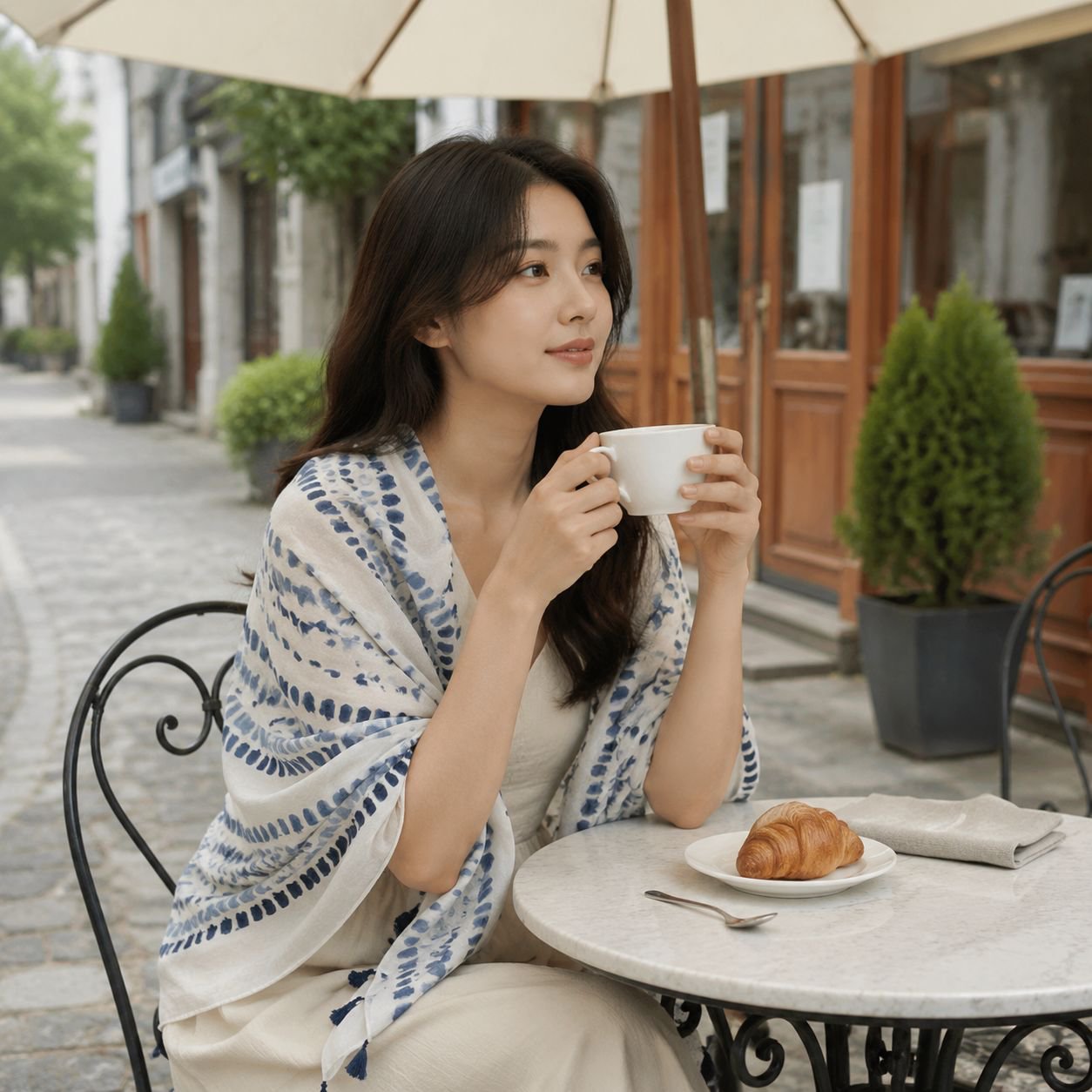 블루 잉크젯 도트 스카프 여 여름 나들이 자외선 차단 숄 봄 가을 얇은 면 마 스카프 투웨이 스카프