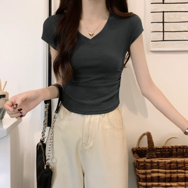 レディース半袖アイスシルクカラーボーンシックプリーツ半袖Tシャツトップス