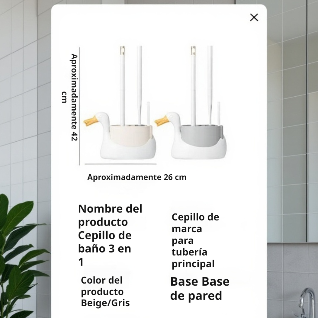 Cepillo de inodoro 3 en 1 Cisne Blanco con soporte de pared, juego para baño