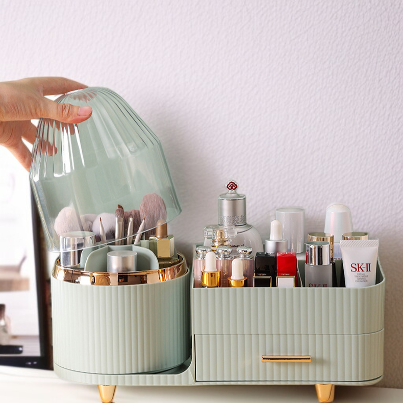 Étagère de rangement cosmétique rotative avec couvercle, boîte de rangement de bureau anti-poussière