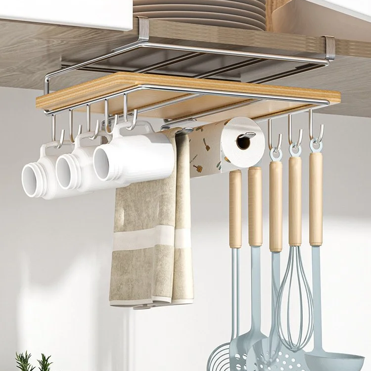 Stainless Steel Multifunctional Kitchen Pot Lid and Cutting Board Organizer Rack with Hooks