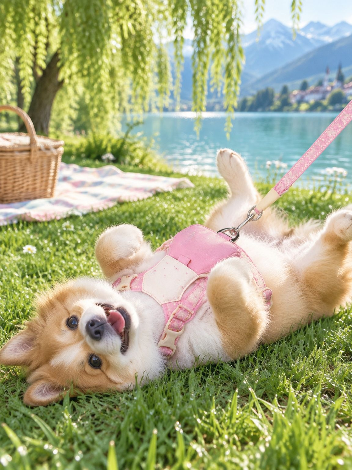 Hund trägt ein leichtes Geschirr mit integrierter Tasche