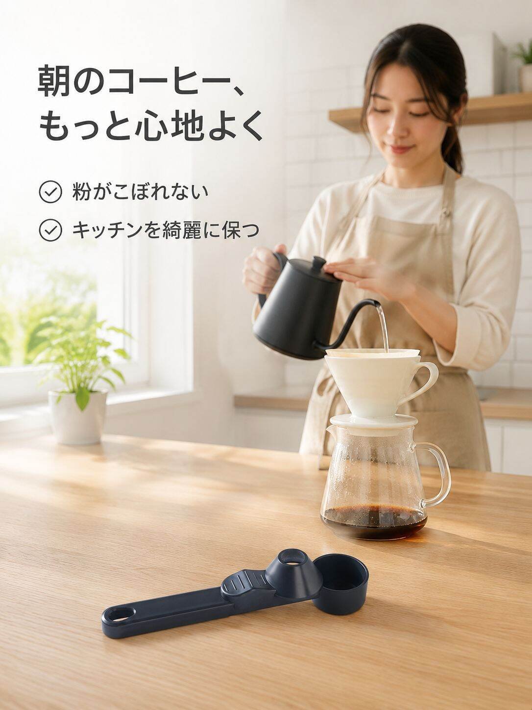 漏れ防止 大容量 コーヒー丸スプーン 長柄 滑り設計