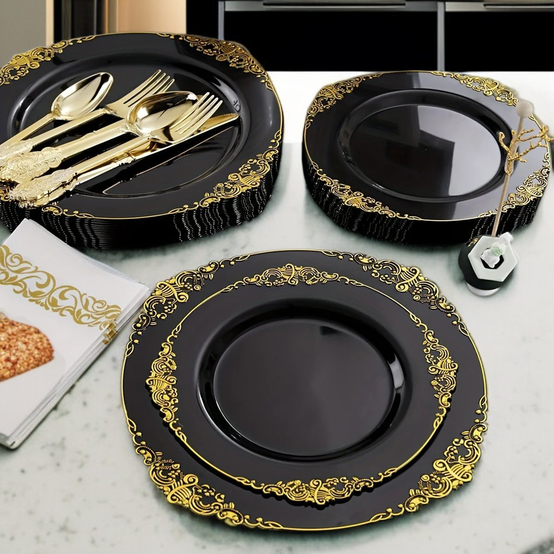 ชุดภาชนะพลาสติกสีทองสุดหรูสำหรับงานเลี้ยง 125 ชิ้น