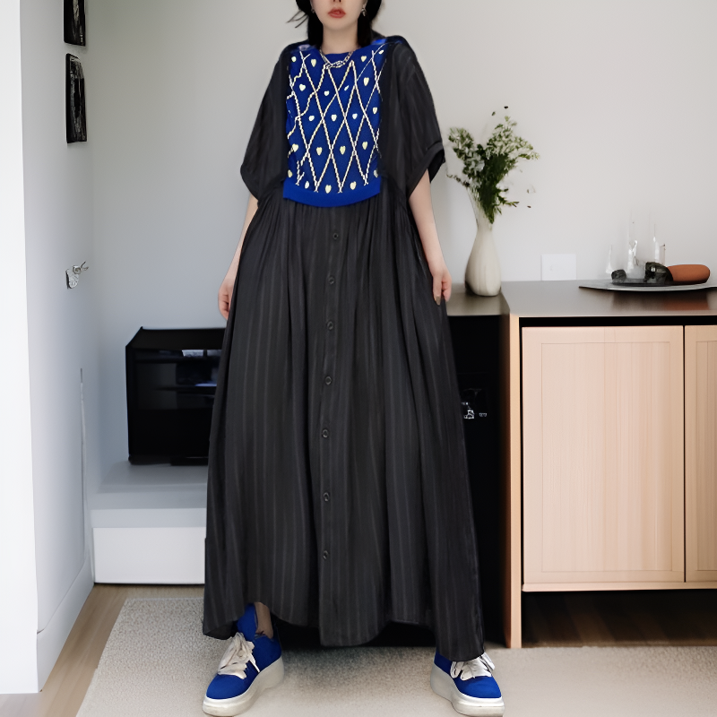 夏用レディースルーズワンピース 中年のお母さん専用ウエストワンピース