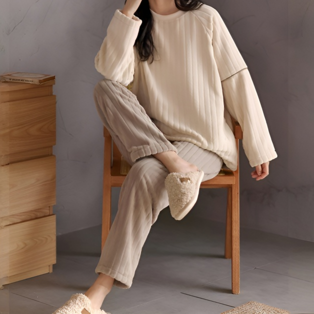 R-パジャマ レディース 冬用 コーラルフリース ラウンドネック プルオーバー プラス ベルベット 厚手 防寒 暖かい フランネル ホームウェア スーツ 秋冬
